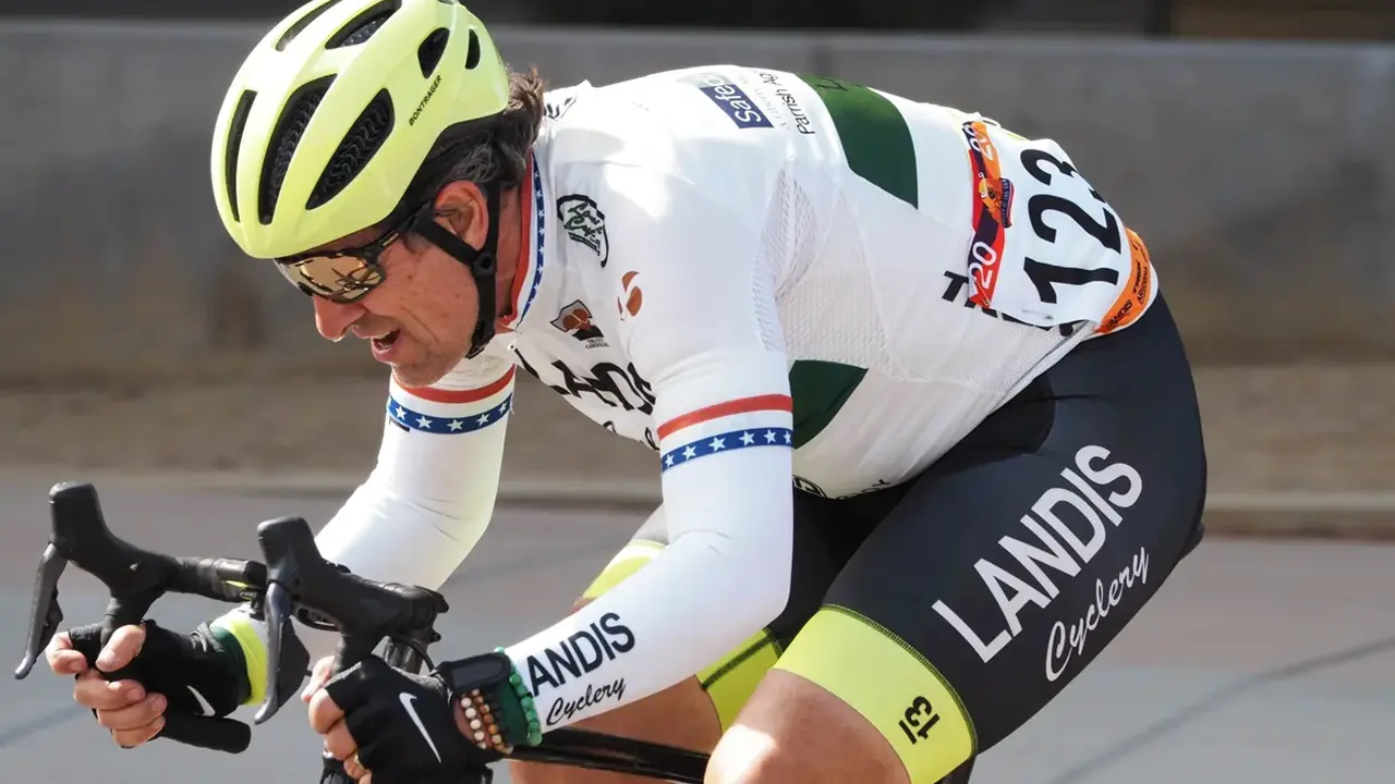 Cyclist in Landis Cyclery kit racing.